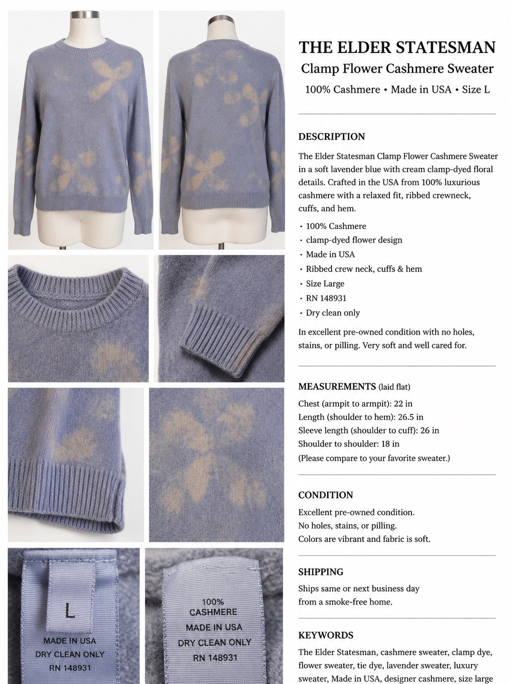 The Elder Statesman Lavender Blue Clamp Flower Cashmere Sweater
